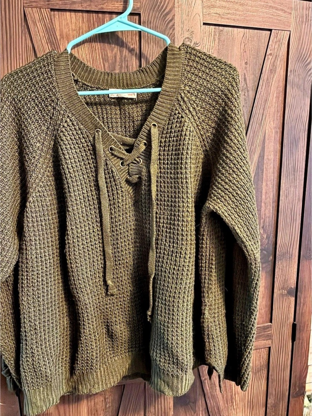 Free People Olive Green Lace-Up Knit Sweater